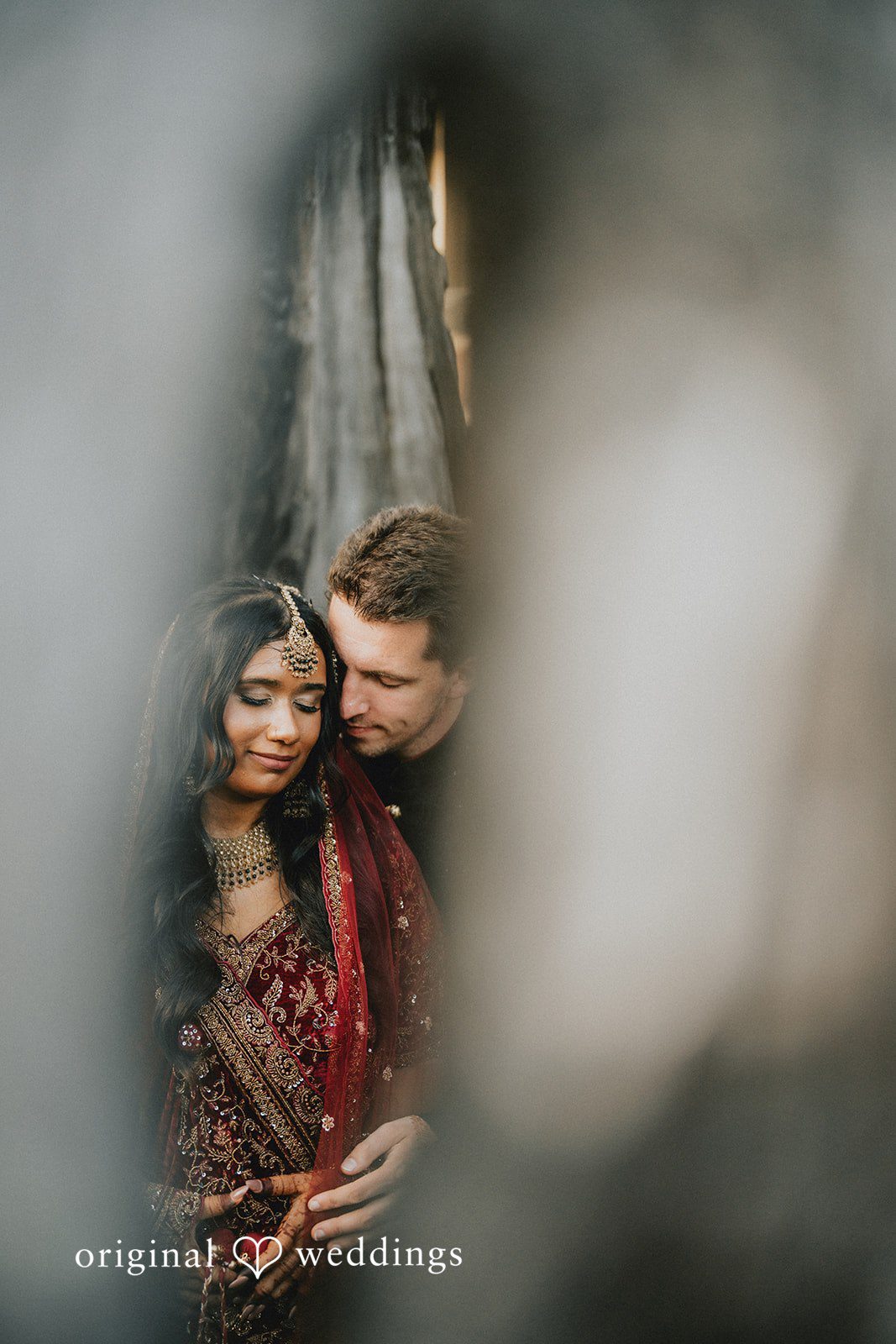 Romantic portrait of the bride and groom together at Willows Lodge captured by Seattle Wedding Photographers from Original Weddings