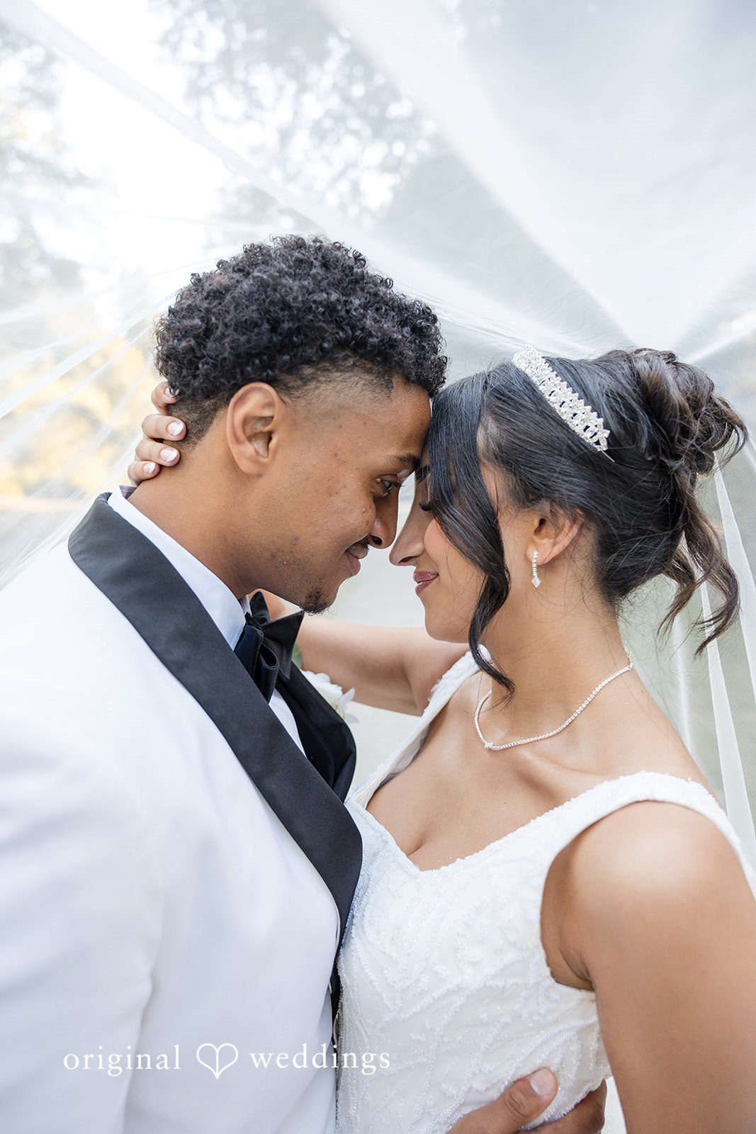 A close-up of a bride and groom embracing affectionately.