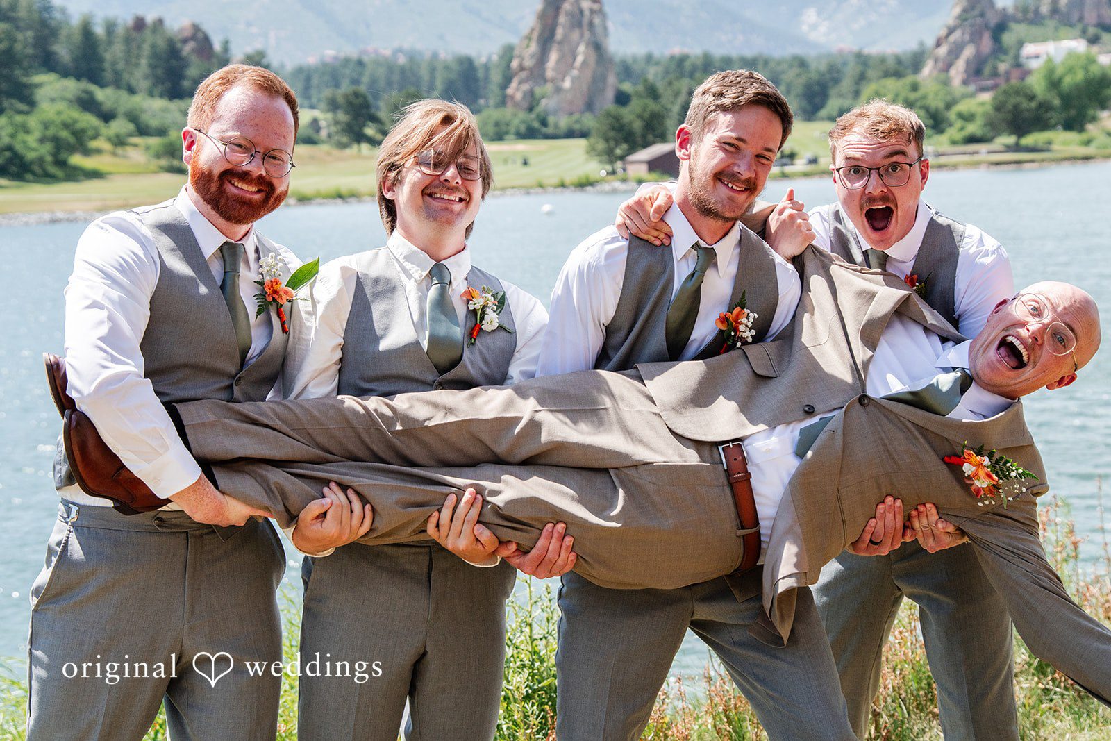 Mckenna + Ryan Groom and groomsmen are posing together at Cathedral Rock Church.