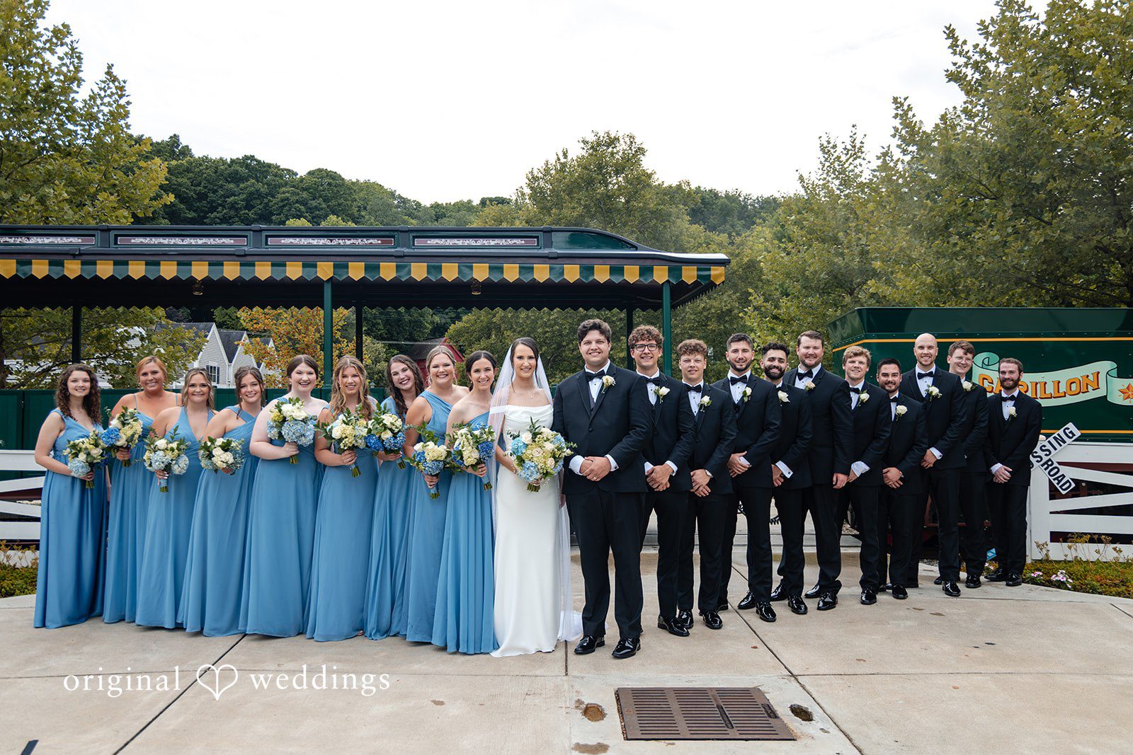 Mark + Caroline A wide group photo of the entire wedding party posing together next to a line of trees.