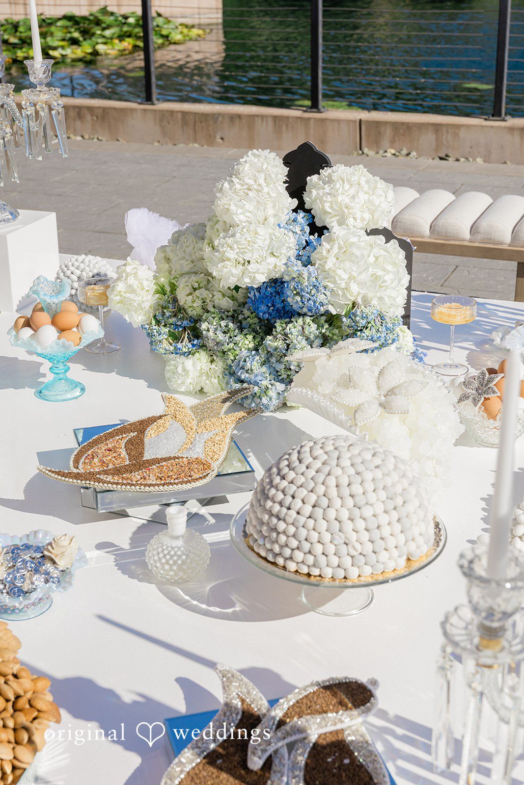 Mehul + Nazanin Table details featuring deserts, eggs, etc