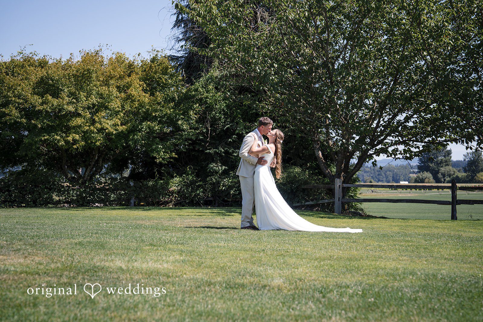 Hanna + Austin A bride and groom kissing each other in a grassy field with trees.