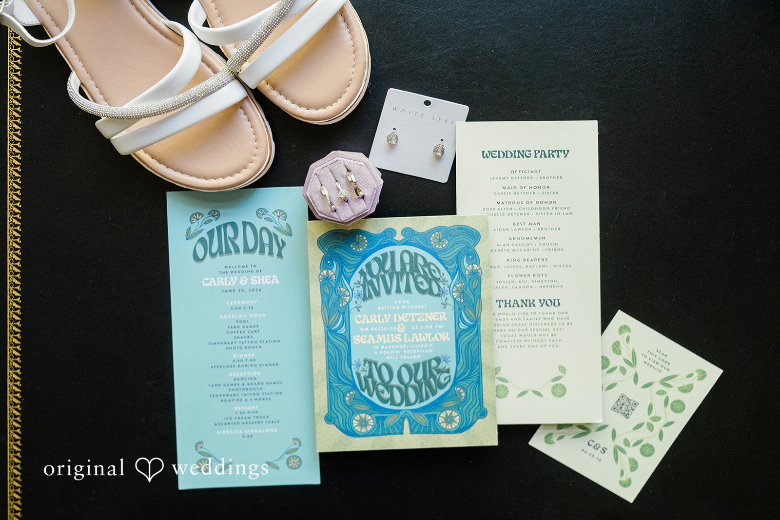 Carly + Seamus Elegant wedding invitation suite arranged neatly next to a pair of shoes.