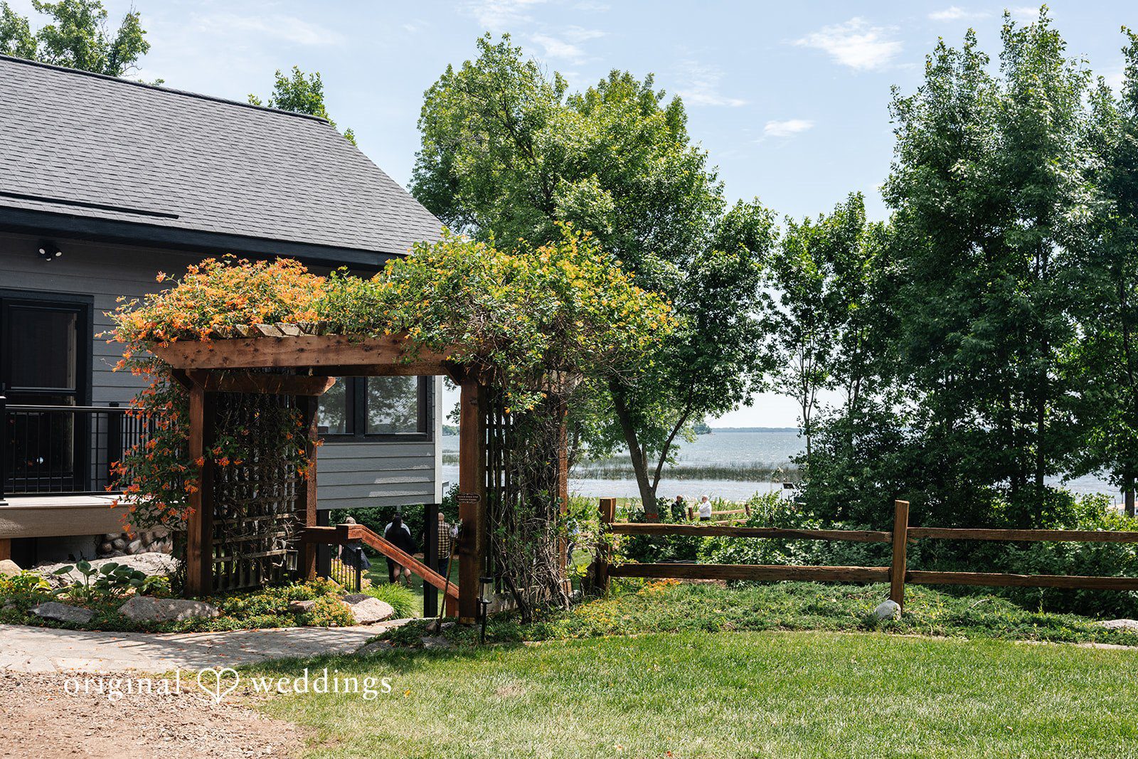 A wooden arbor entrance covered with lush green hanging plants and vines.