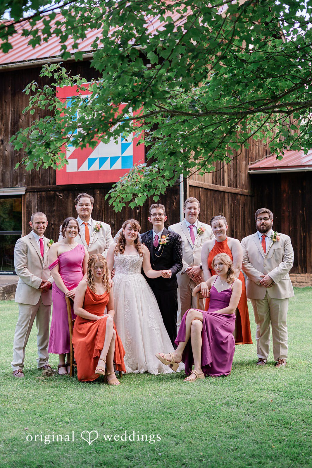 Lovely picture of couple with the bridesmaids and groomsmen in a backyard