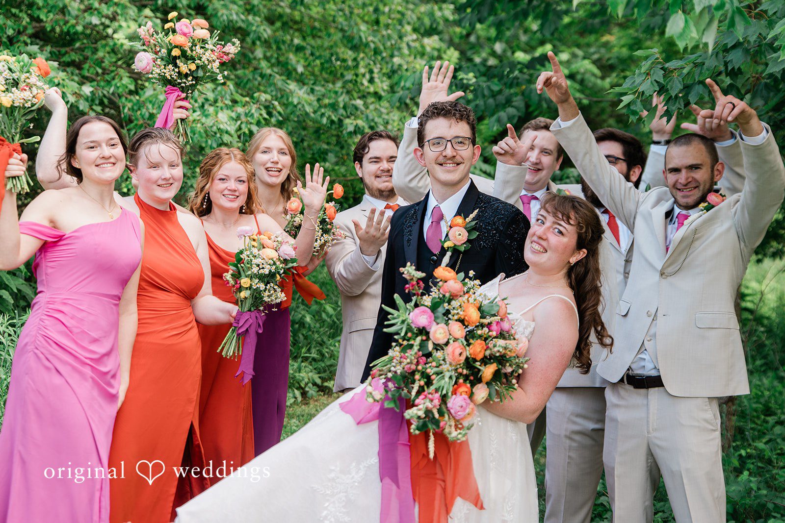 Lovely picture of couple with the bridesmaids and groomsmen in a backyard