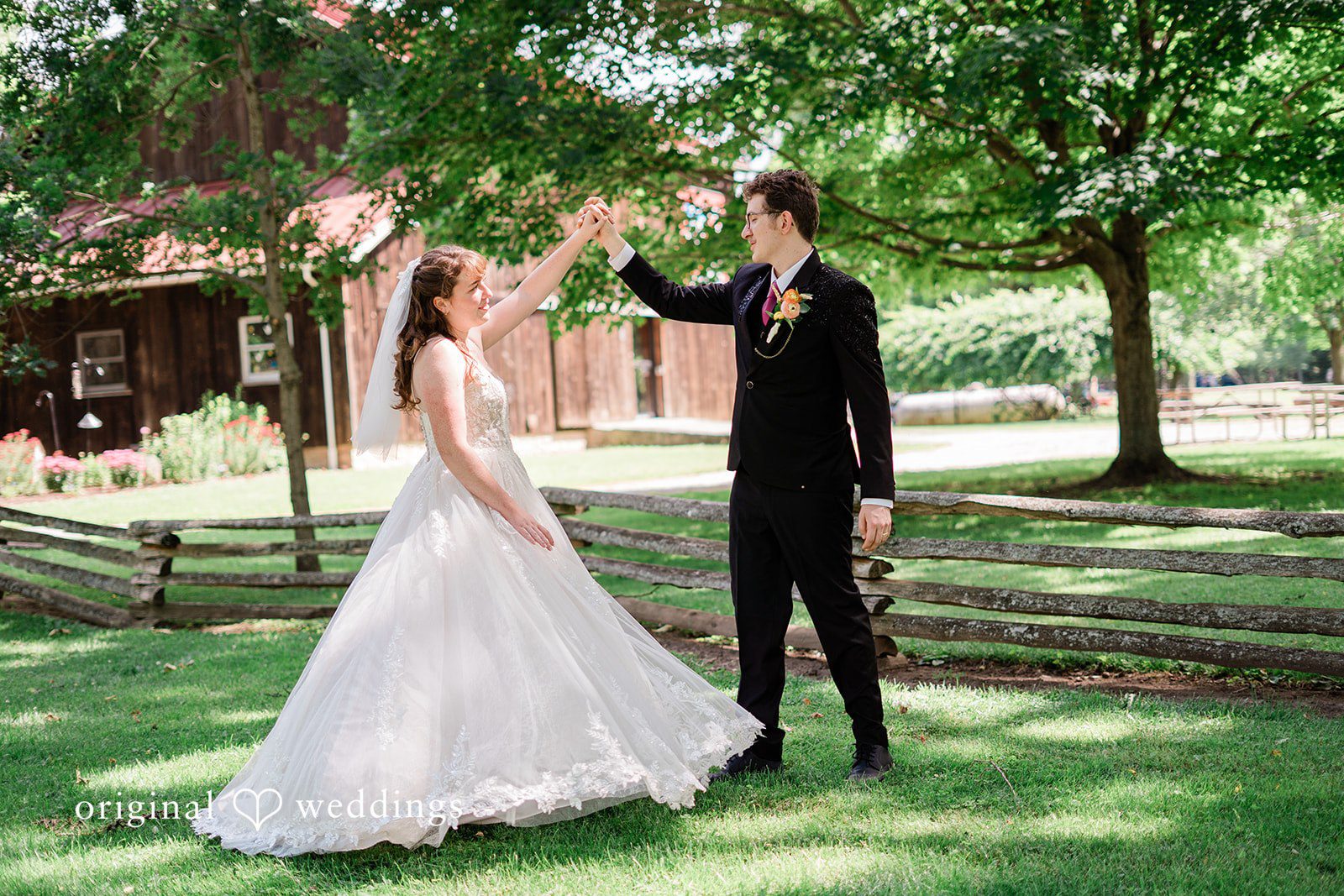 Bride and groom sharing some romantic moments in a backyard