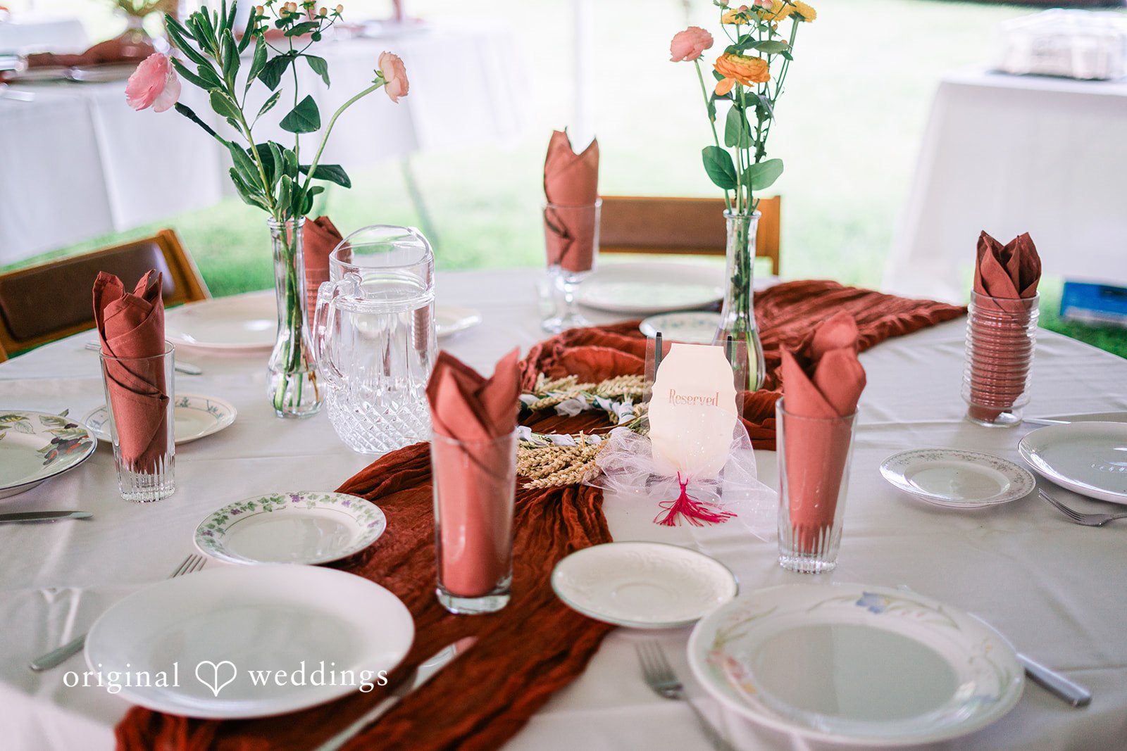 Close up of wedding table set up in a backyard