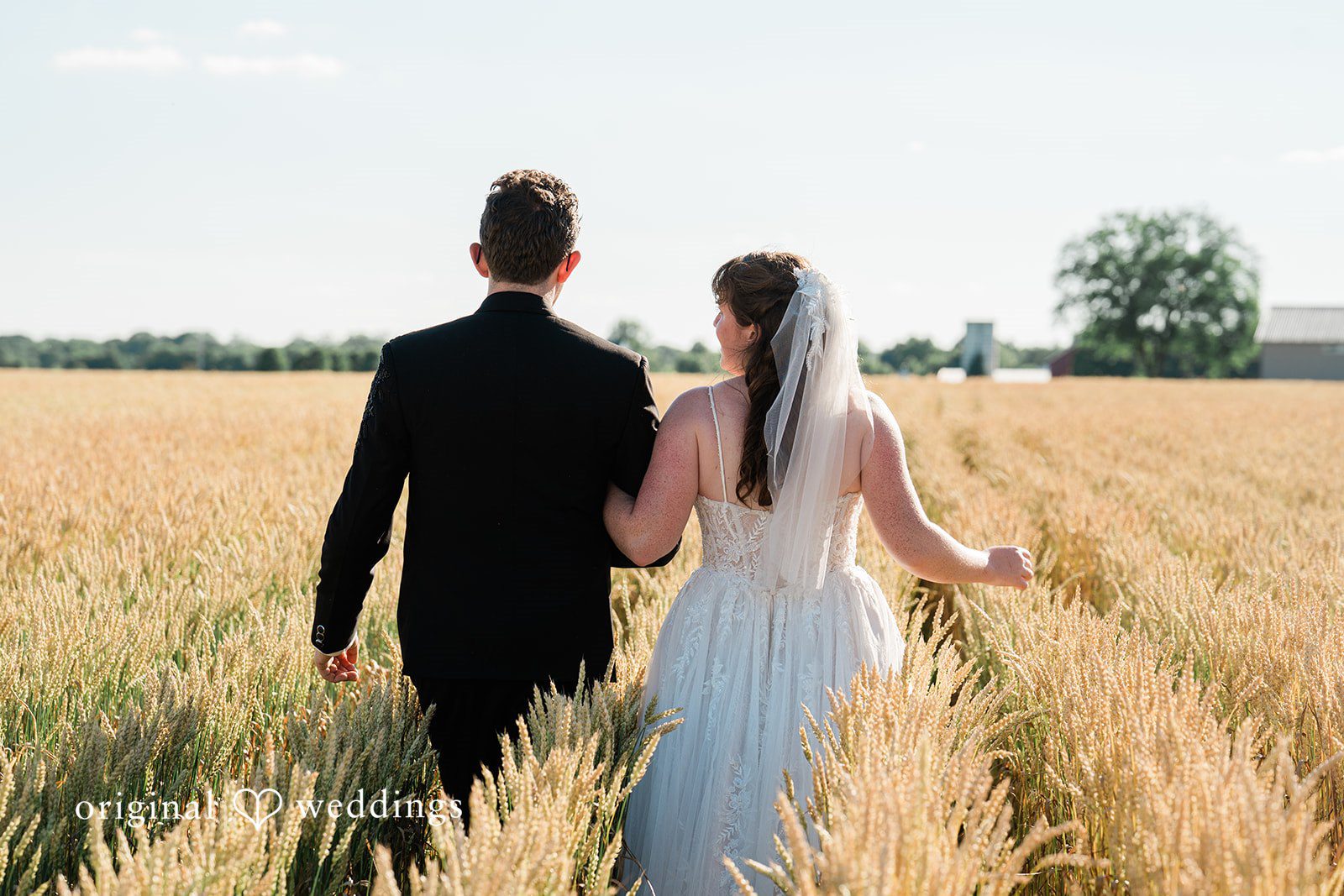 Bride and Groom walking away, captured from back side