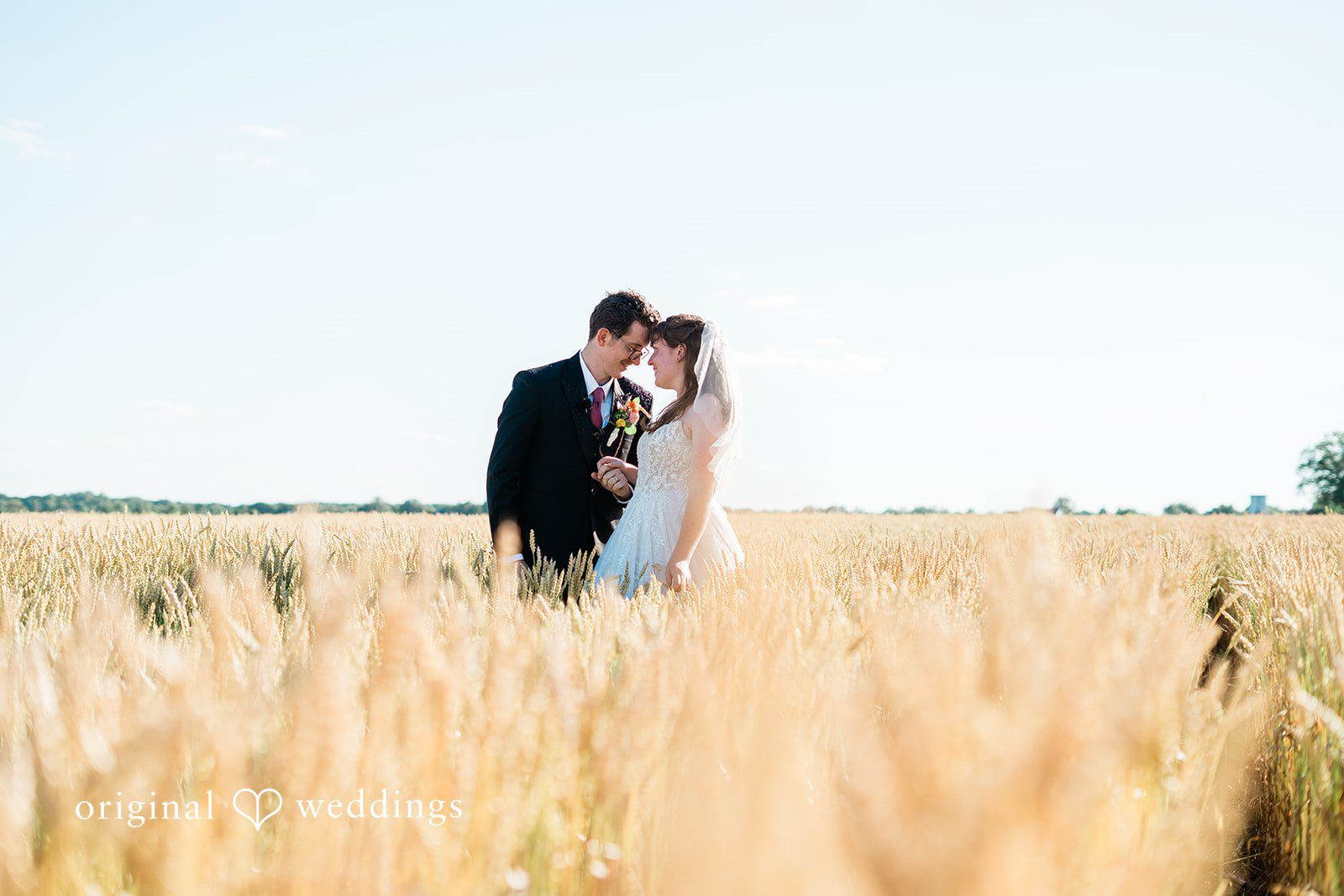 Bride and groom posing in a field for wedding photography