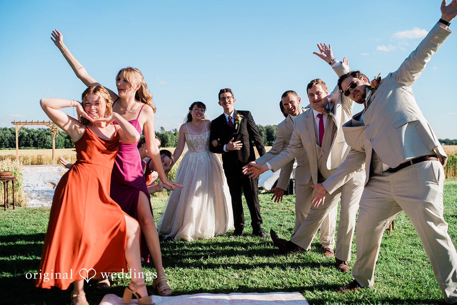 Lovely picture of couple with the bridesmaids and groomsmen in a backyard