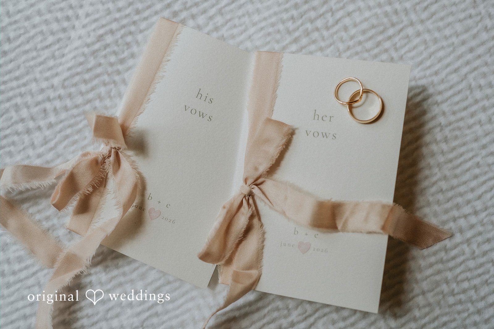 Ben + Erin Beautiful shot of wedding vows cards with wedding rings placed on these