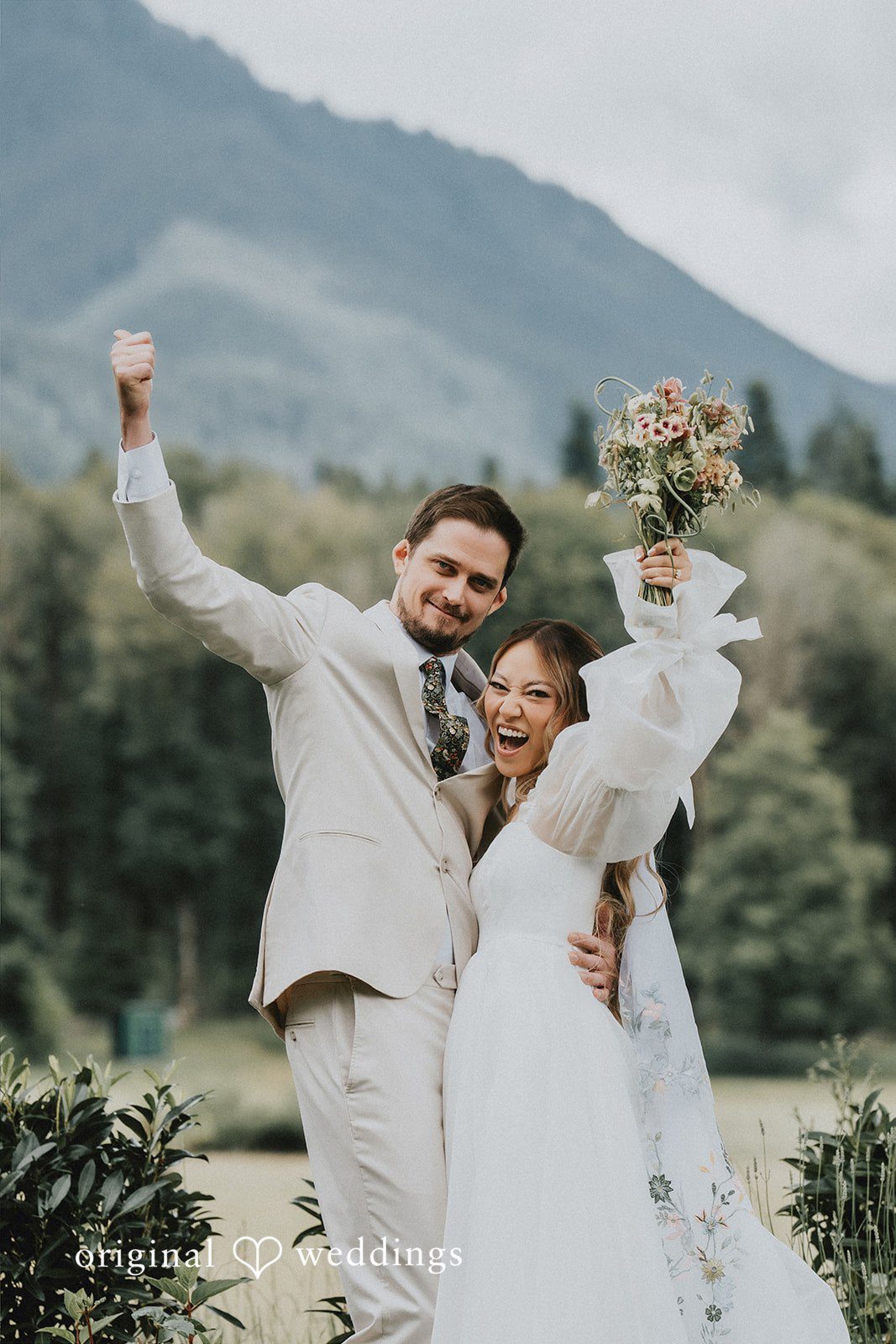 Ben + Erin Bride and groom expressing their joy after wedding ceremony