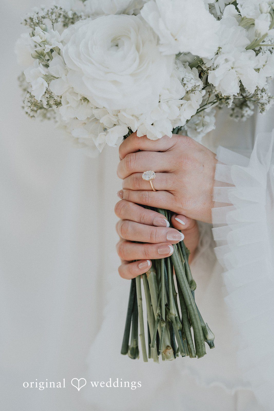 Close-up of a bridal bouquet made of white flowers.