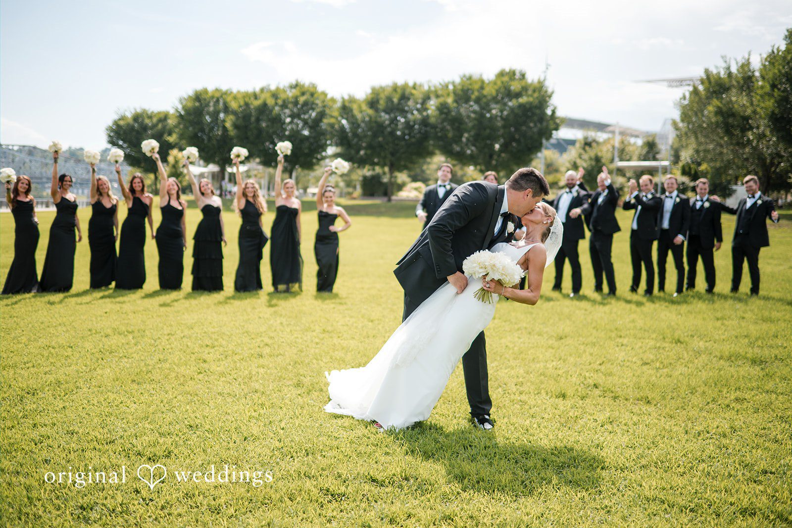 Groom dipping the bride on a lawn with the wedding party lined up behind them.