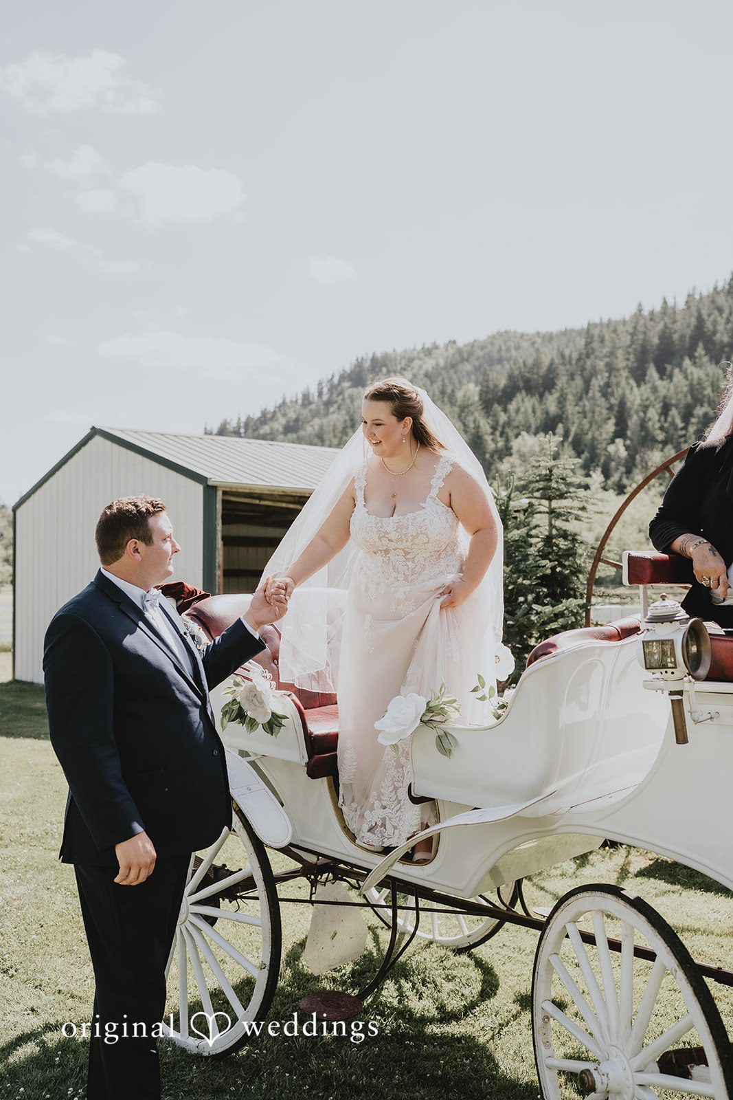 Natalie + DJ A bride in a white wedding dress stands in a vintage horse-drawn carriage while holding hands with the groom