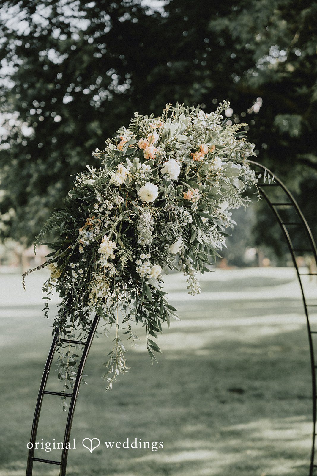Brandon + Natalie A circular wedding arch decorated with green leaves and white flowers on a lawn.