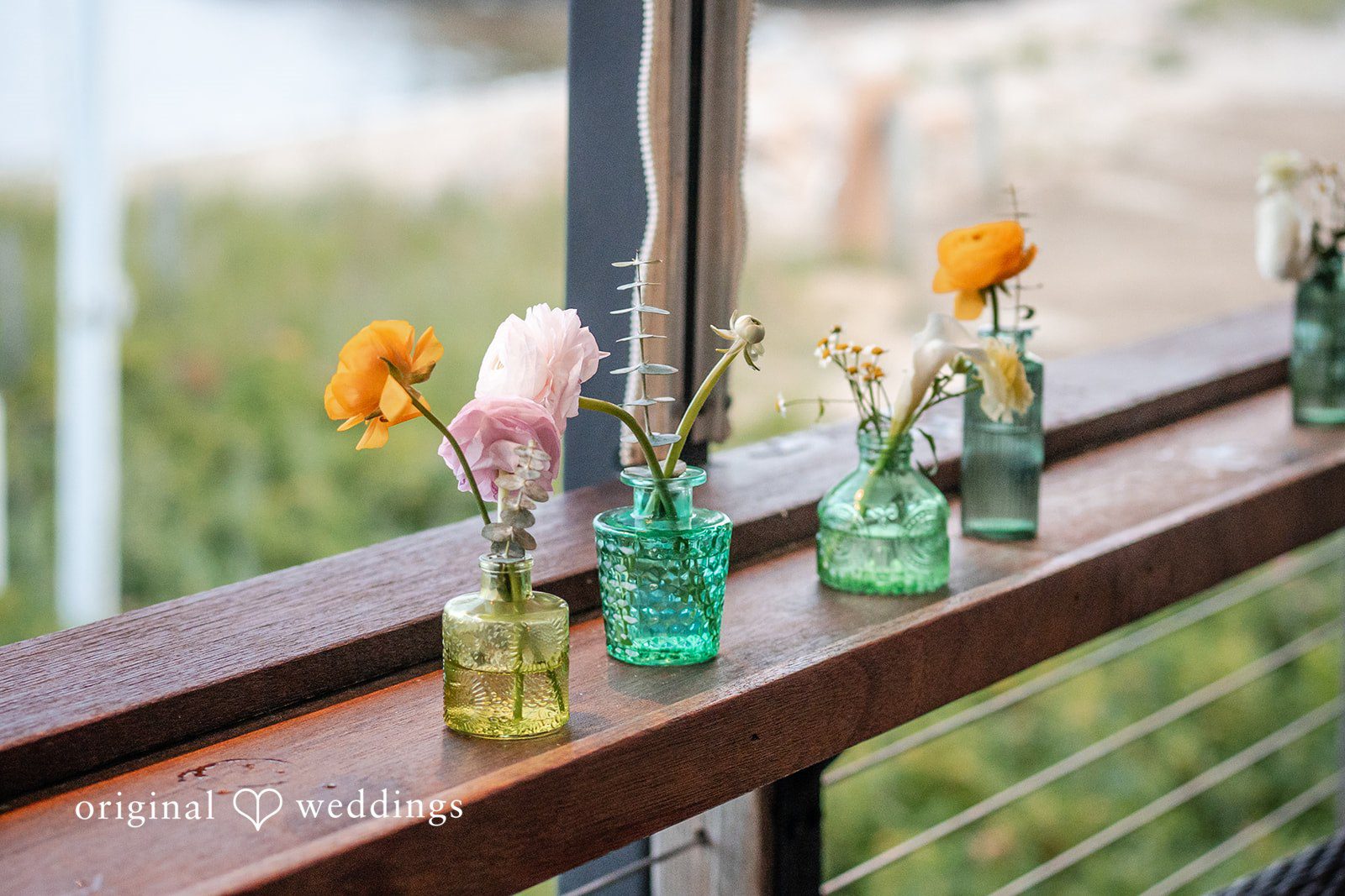 Jacqueline + Sarah Four small glass bottles holding single wildflowers lined up on a wooden railing.
