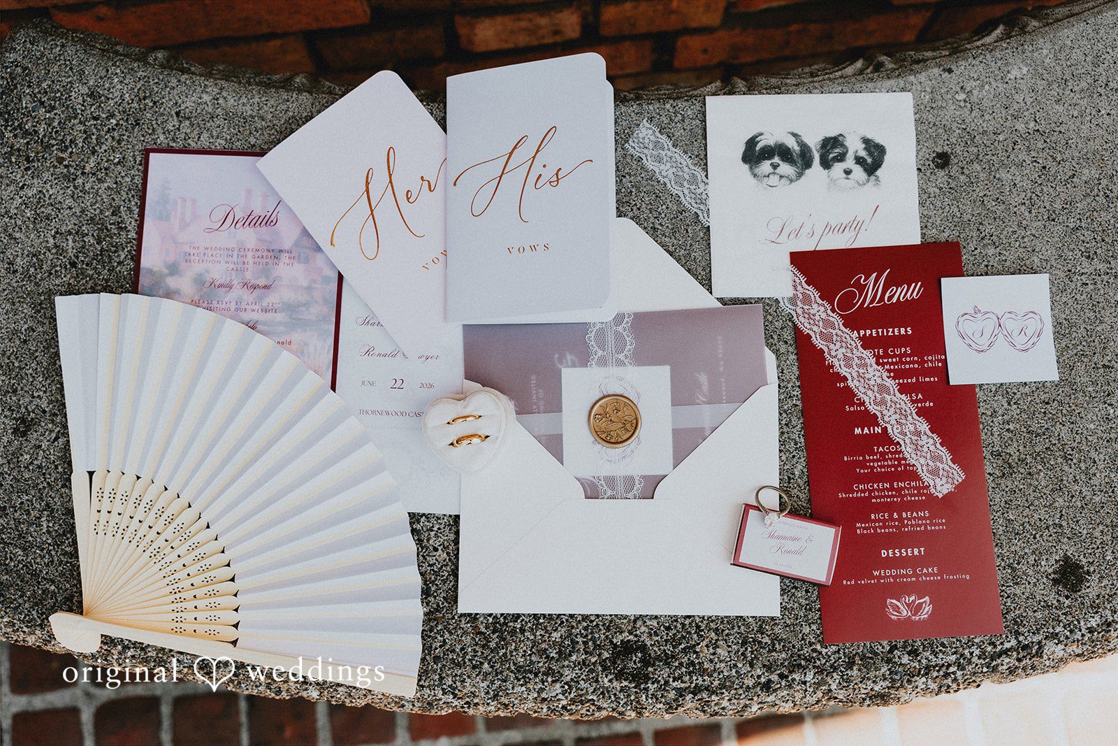 Sharmaine + Ronald An elegant collection of white and burgundy wedding invitations and paper goods.