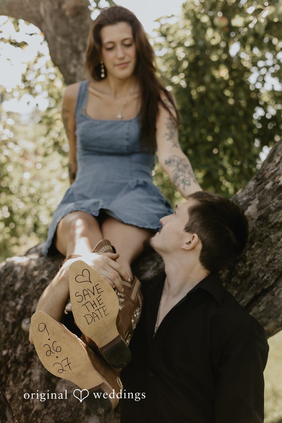 Meghan + Kal A woman sits on a sits in a tree while looking down at him.