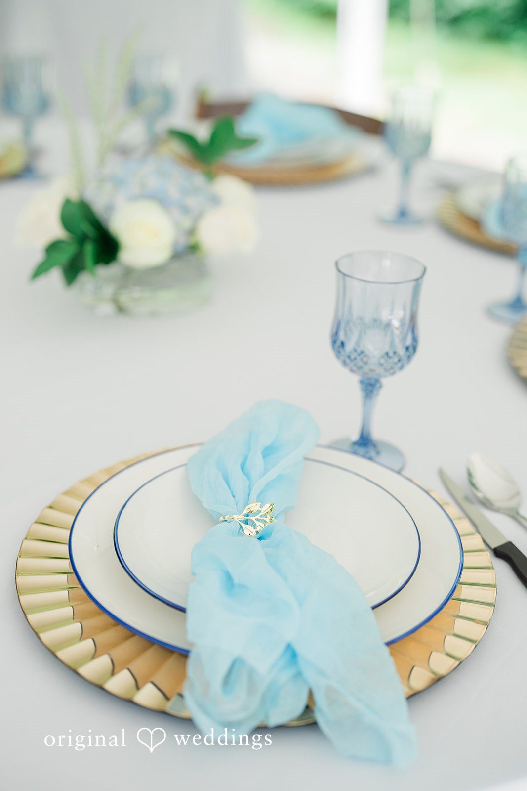 Destiny + Maksim A close-up of a wedding place setting with a light blue napkin and gold-rimmed plate.