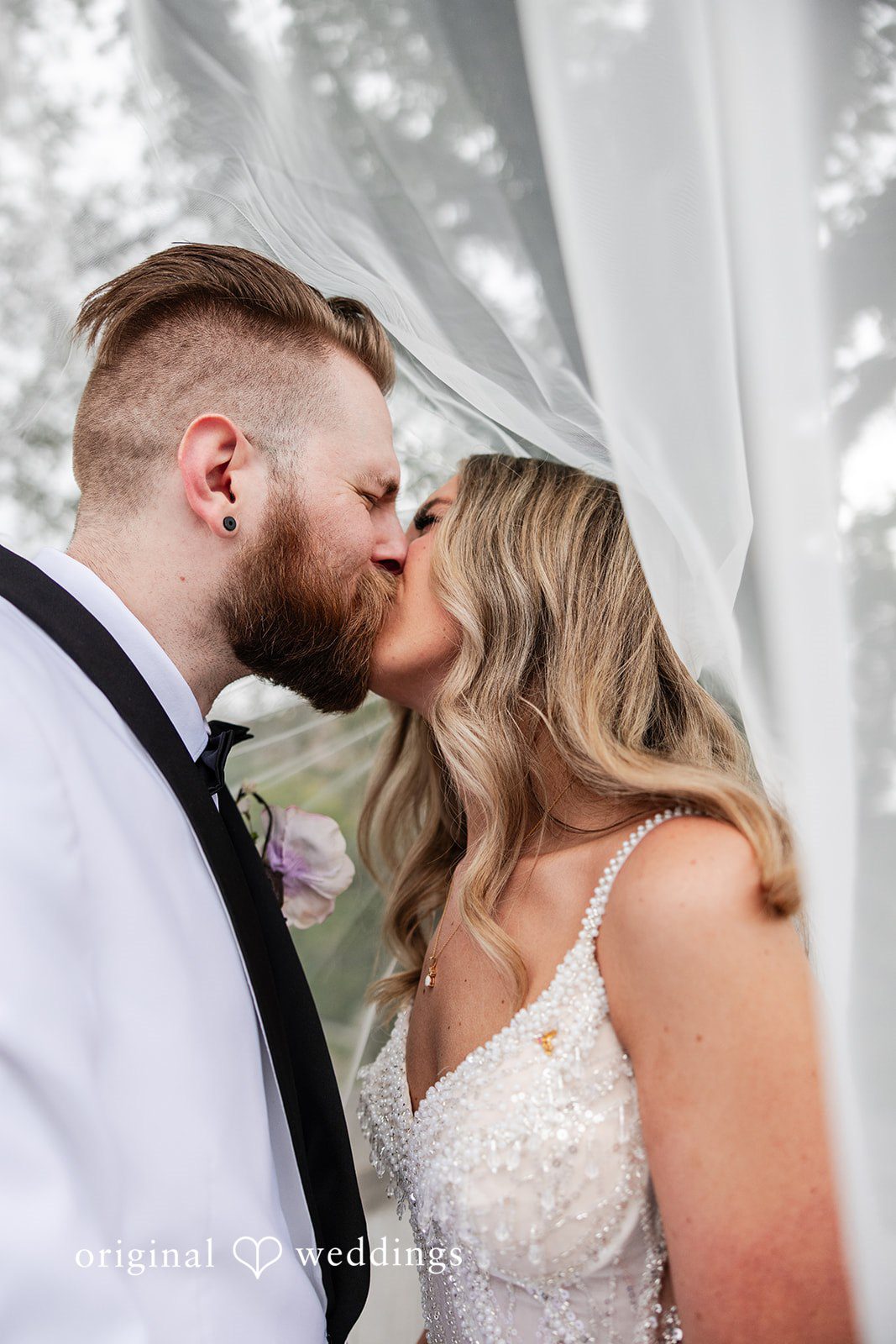 Dan + Alex A close-up of a bride and groom kissing beneath sheer white draping.