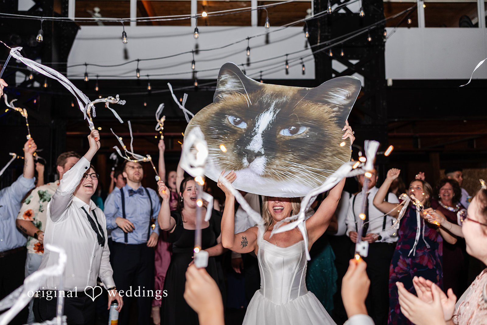 Dan + Alex A crowd of wedding guests celebrating on the dance floor with a large cutout of a cat's head.