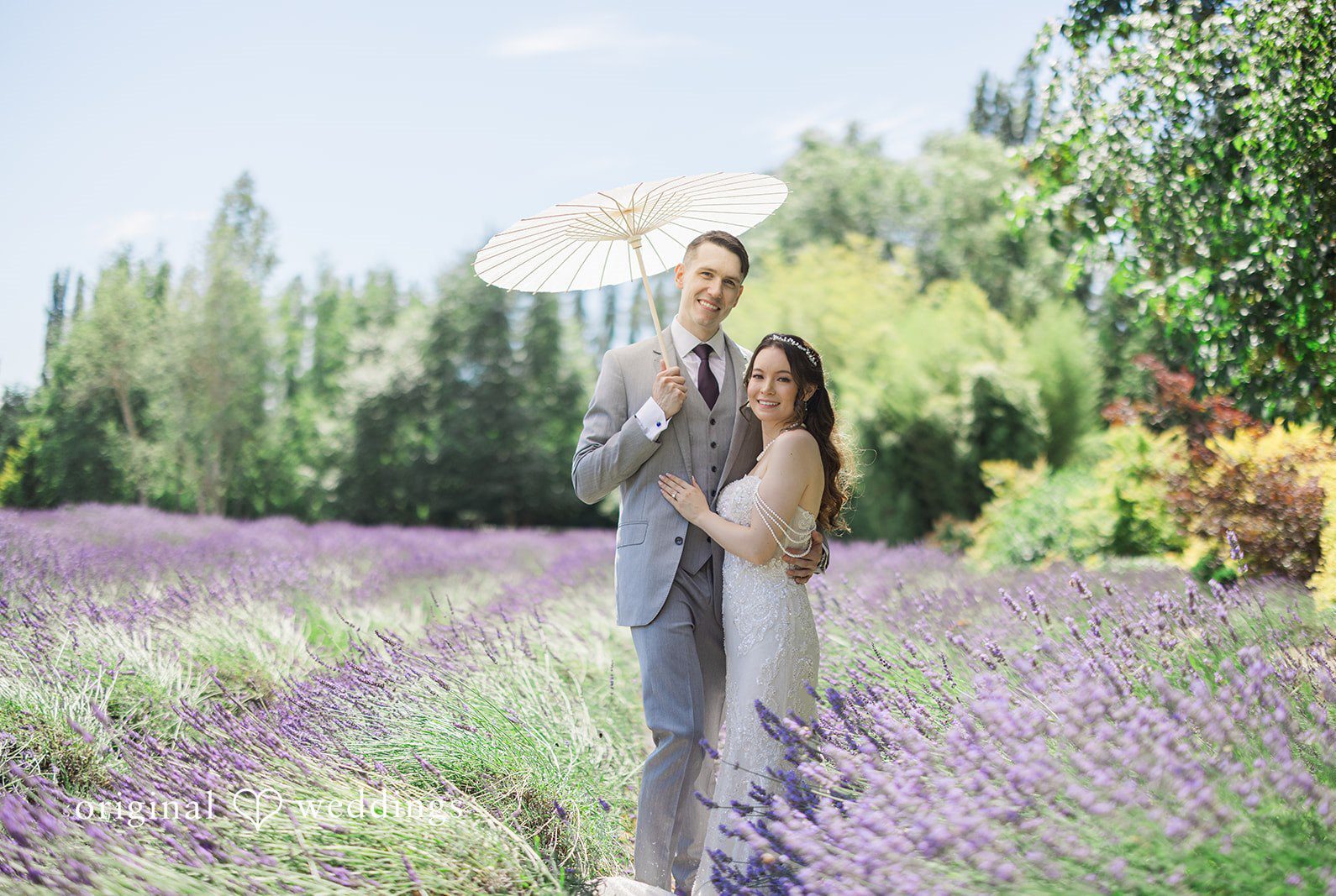 Stunning Portrait of couple at Woodinville Lavender Farm by Seattle Wedding Photographers from Original Weddings.