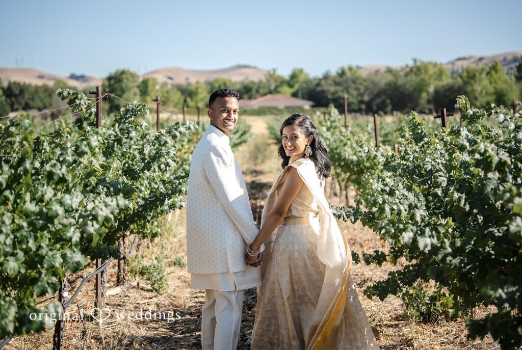 Kathir + Nandita Stunning Portrait of couple at Casa Real at Ruby Hill Winery by San Francisco Wedding Photographers from Original Weddings.