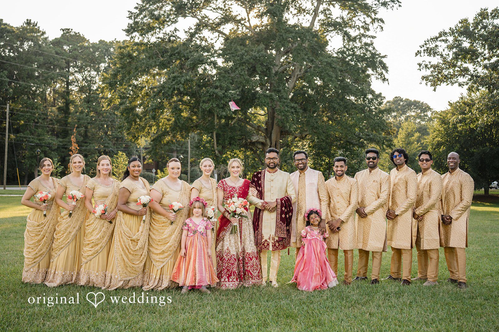 Julie + Joshua A large wedding party standing in a neat line together on a lawn.