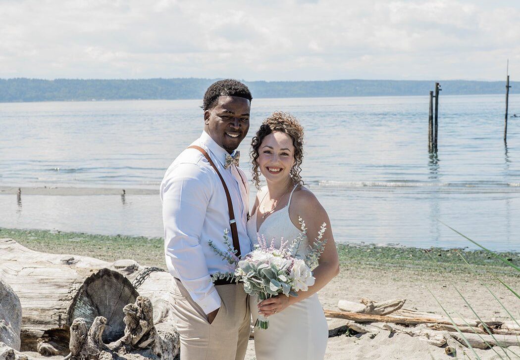 Stunning portrait of couple at Edmonds Waterfront Center by Seattle Wedding Photographers from Original Weddings.