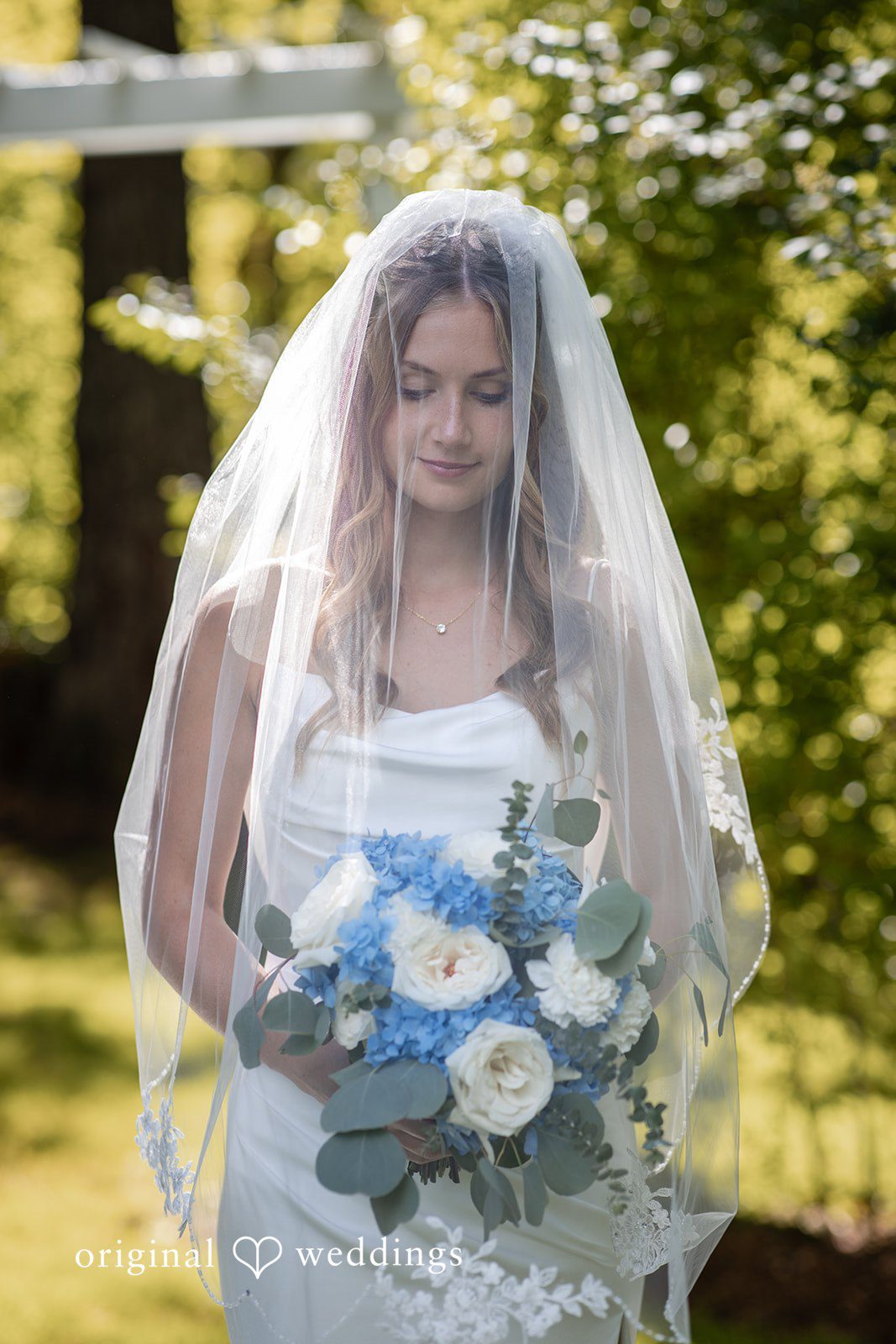 Alissa + Duncan A close-up portrait of a bride wearing a lace veil and holding a blue and white bouquet.