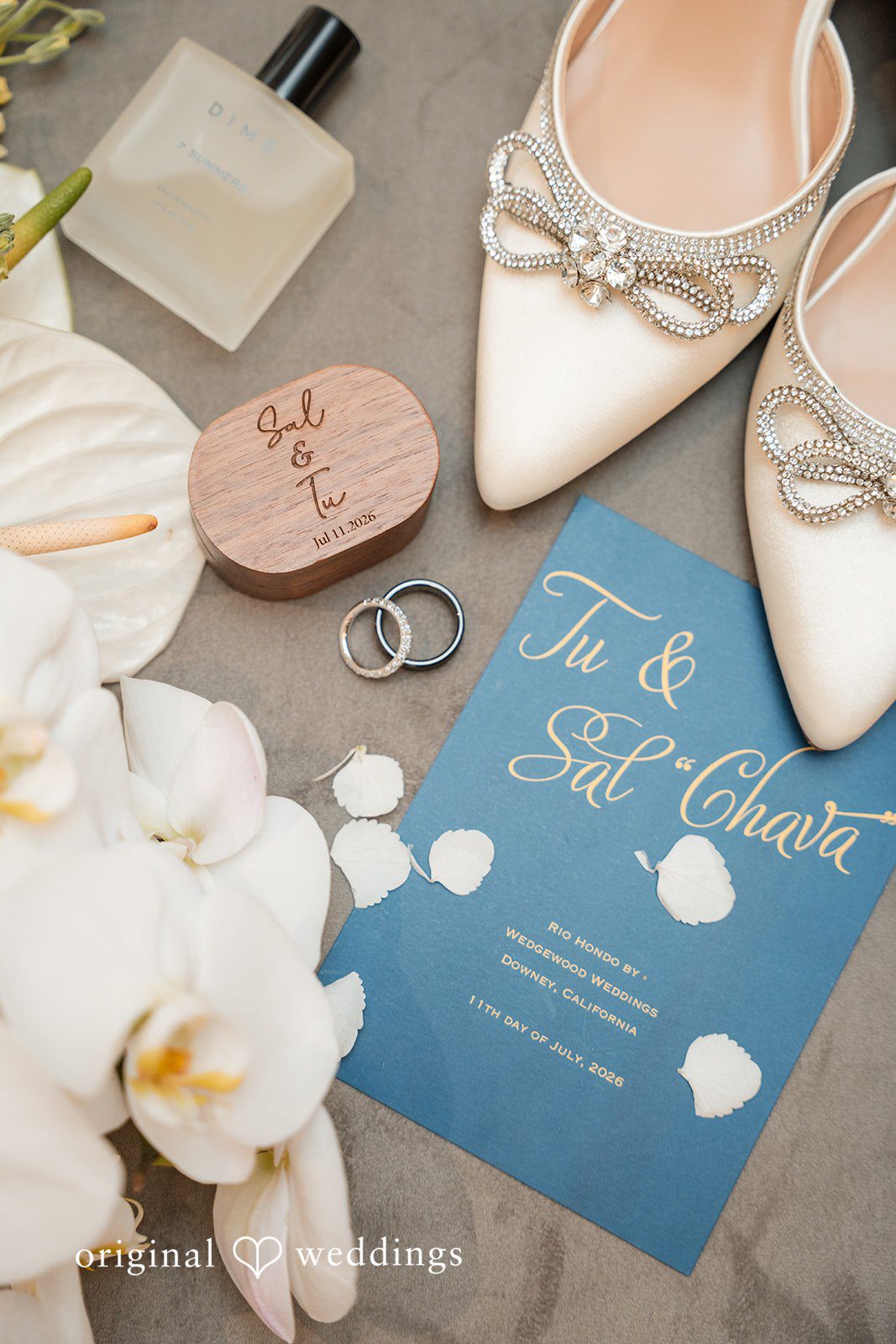 Wedding details including bridal shoes, jewelry, and a blue invitation card.