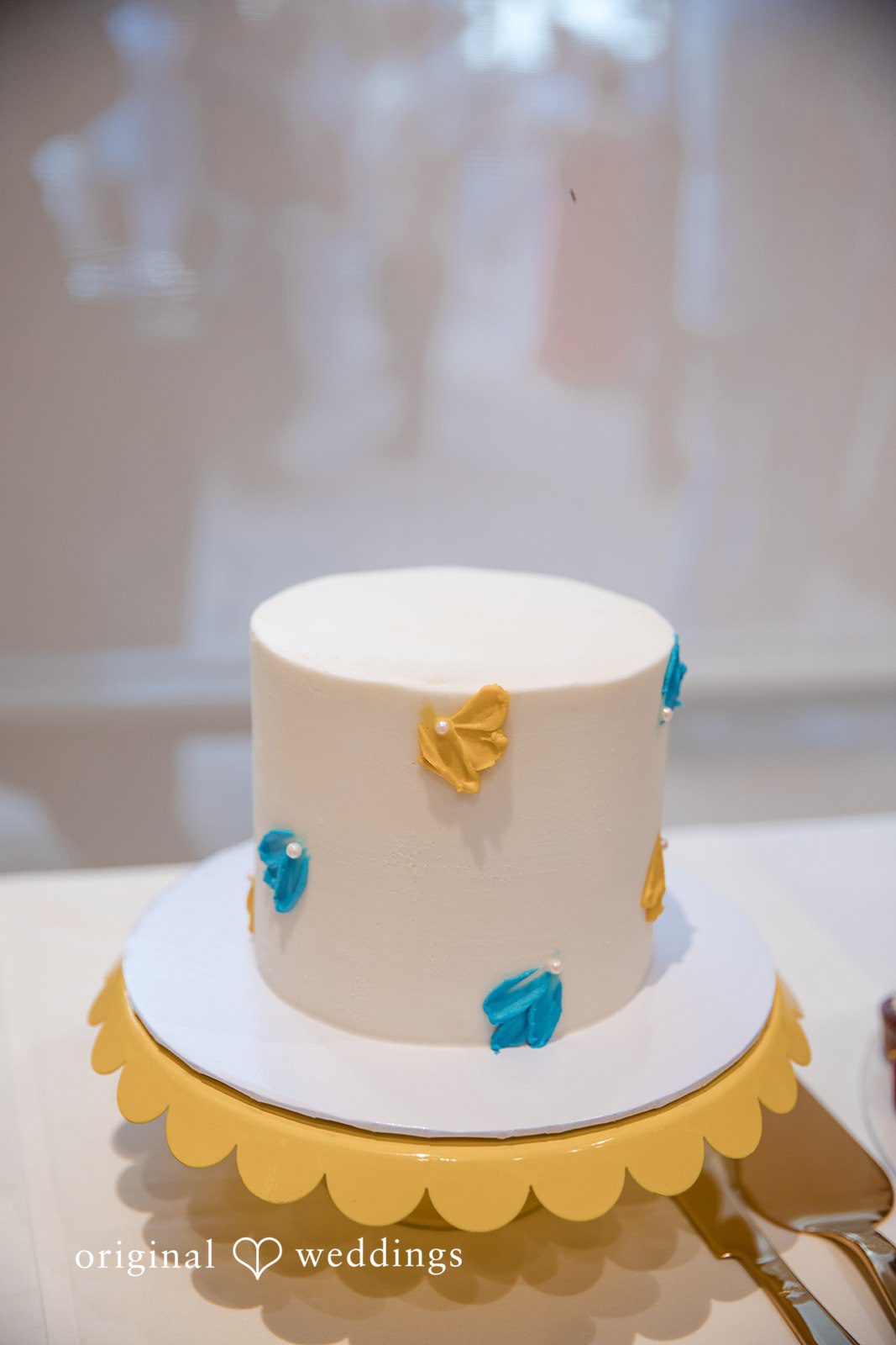 A smooth white single-tier cake decorated with colorful butterfly cutouts.