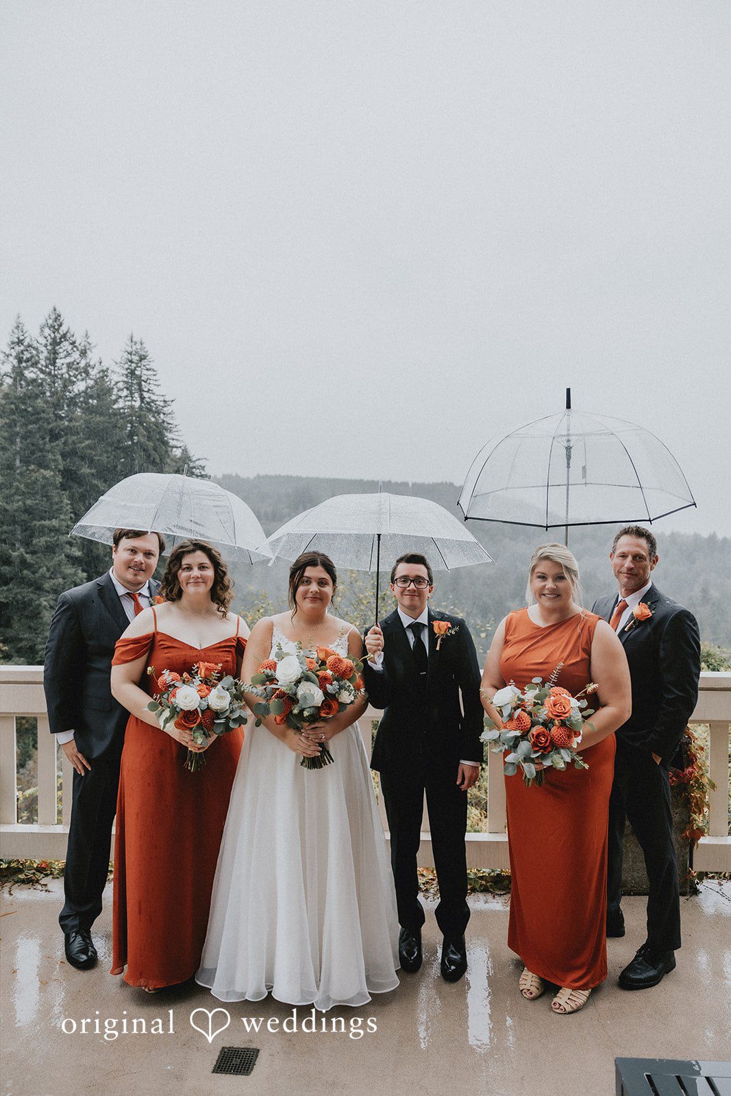 A wedding party standing under umbrellas in front of a scenic backdrop.