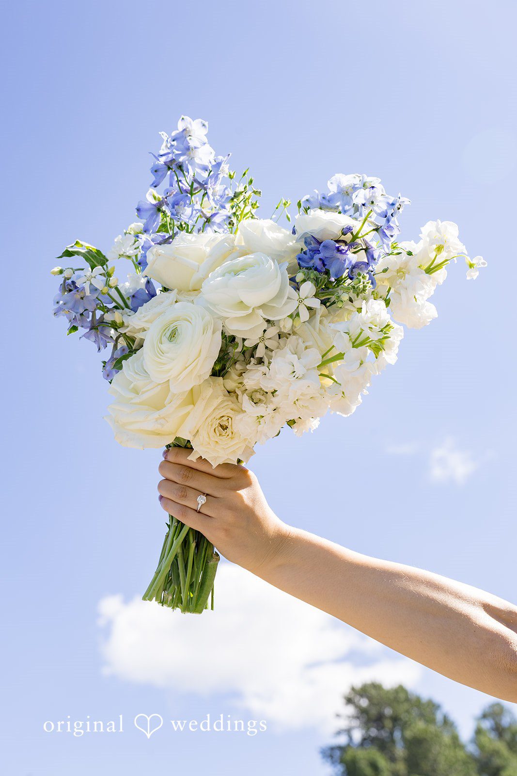 Emily + Paul A close-up view of a hand holding up a lush bouquet of white and blue wedding flowers.