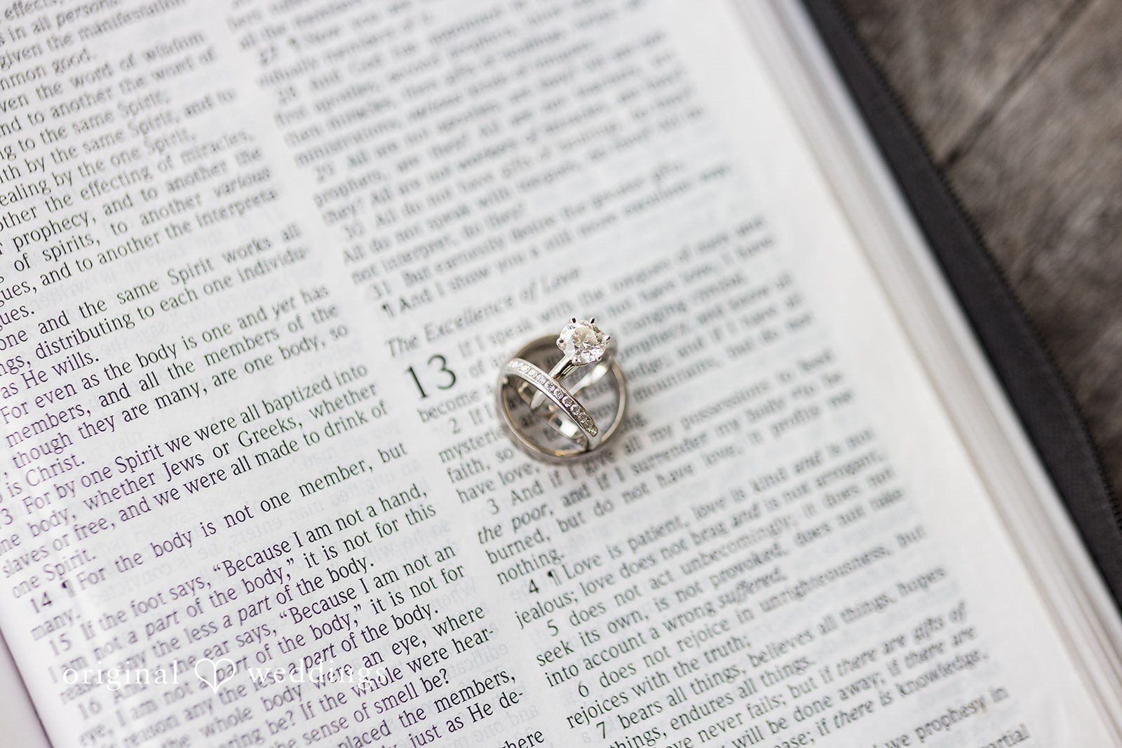 Emily + Paul A close-up shot of a wedding ring resting on the open pages of a book.