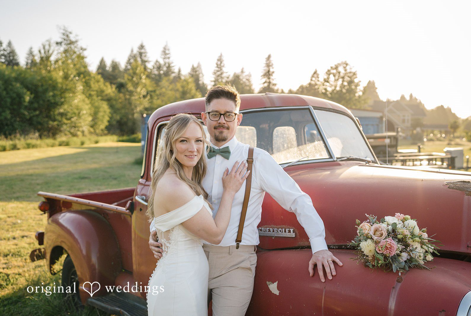 Stunning Portrait of couple at Sandy River Airport and Event Center by Portland Wedding Photographers from Original Wedding.