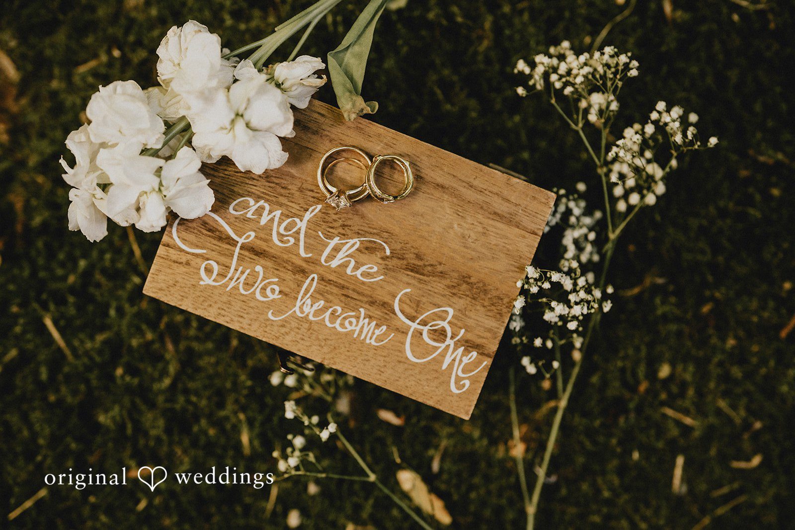 Ashley + Dylan A close-up of a rustic wooden wedding rings with white flowers attached to it.