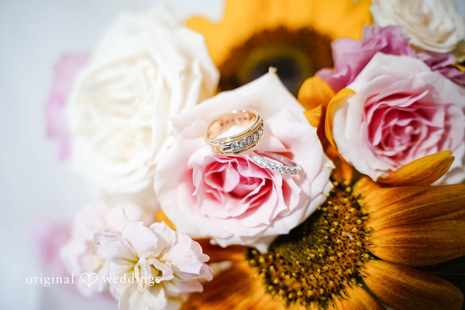 Vincenzo + Kristin A beautiful floral arrangement composed of pink roses and large sunflowers.