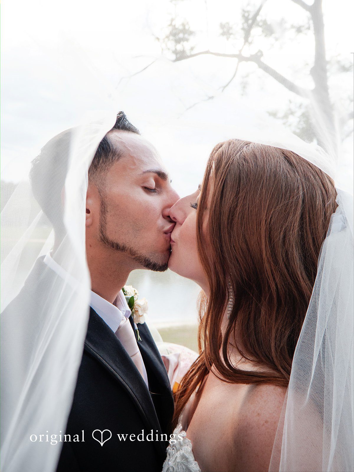 Vincenzo + Kristin A close-up of a bride and groom kissing underneath a flowing white veil.