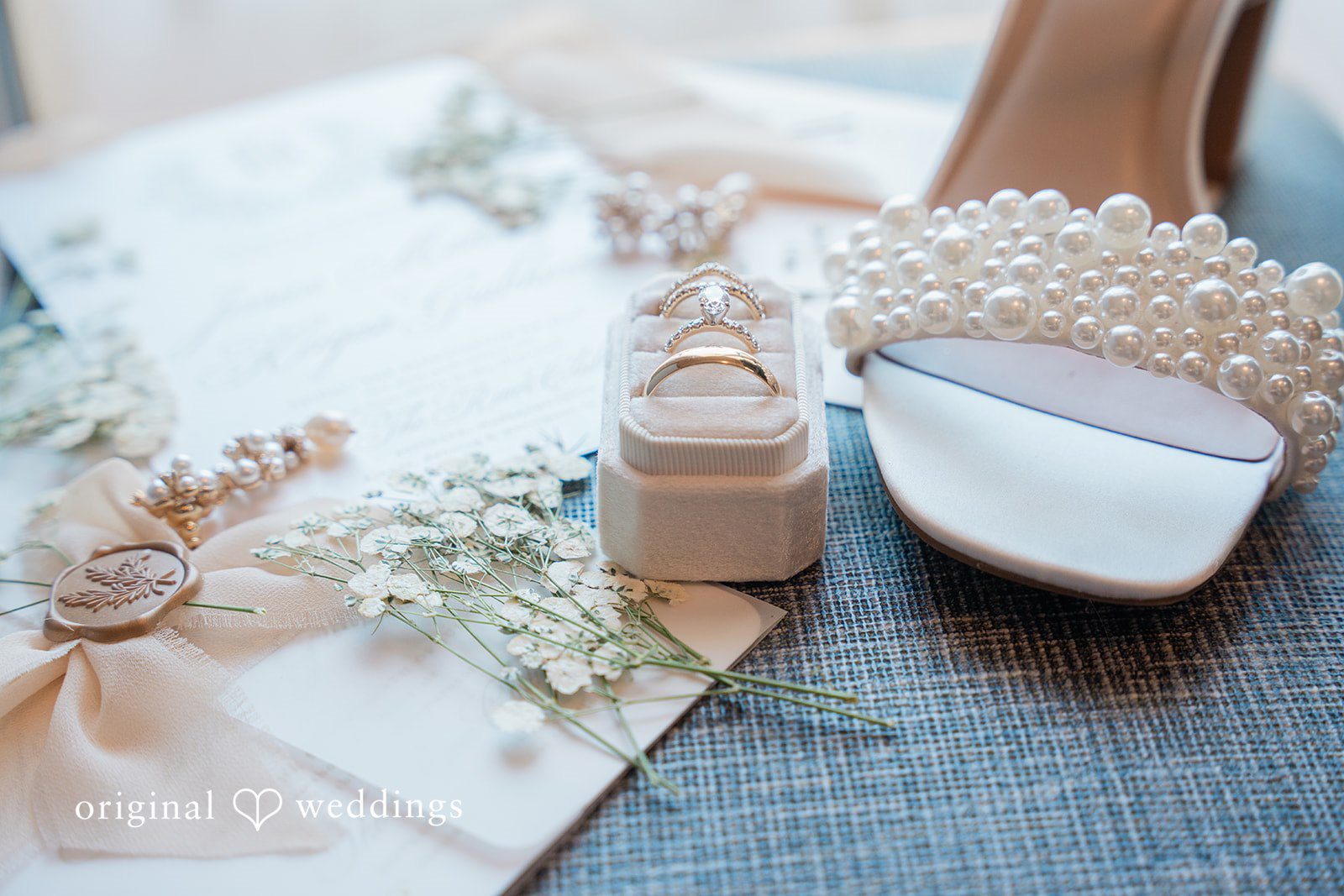 Jessica + Keegan A collection of bridal details including a stationary suite, flat-lay accessories, and a sparkly shoe.