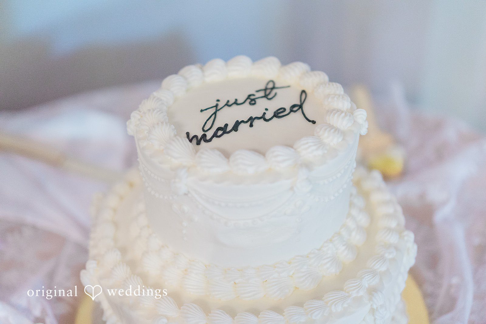 Jessica + Keegan A white-frosted wedding cake decorated with elegant textures and topped with a "Just Married" sign.