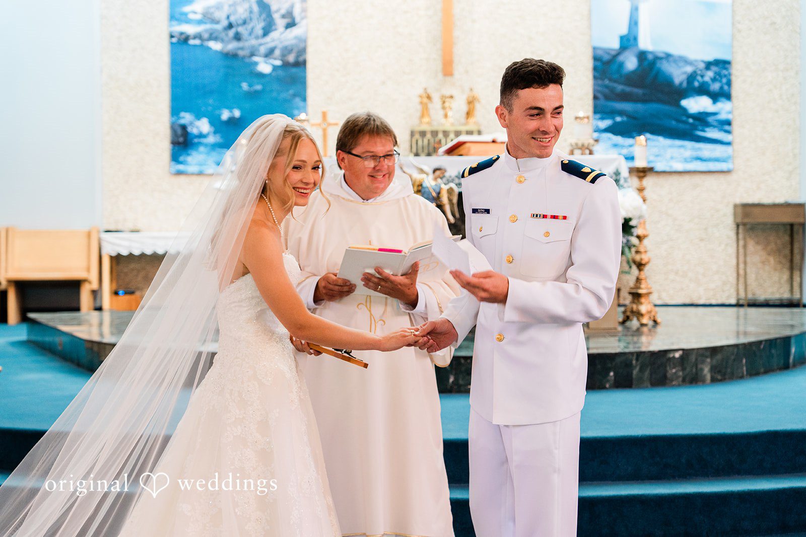 Veronica + Wyatt A bride and groom standing before an officiant during their vows.
