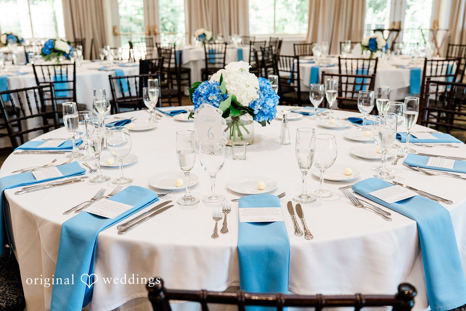 Veronica + Wyatt A neatly set reception table with a blue table runner and white plates.