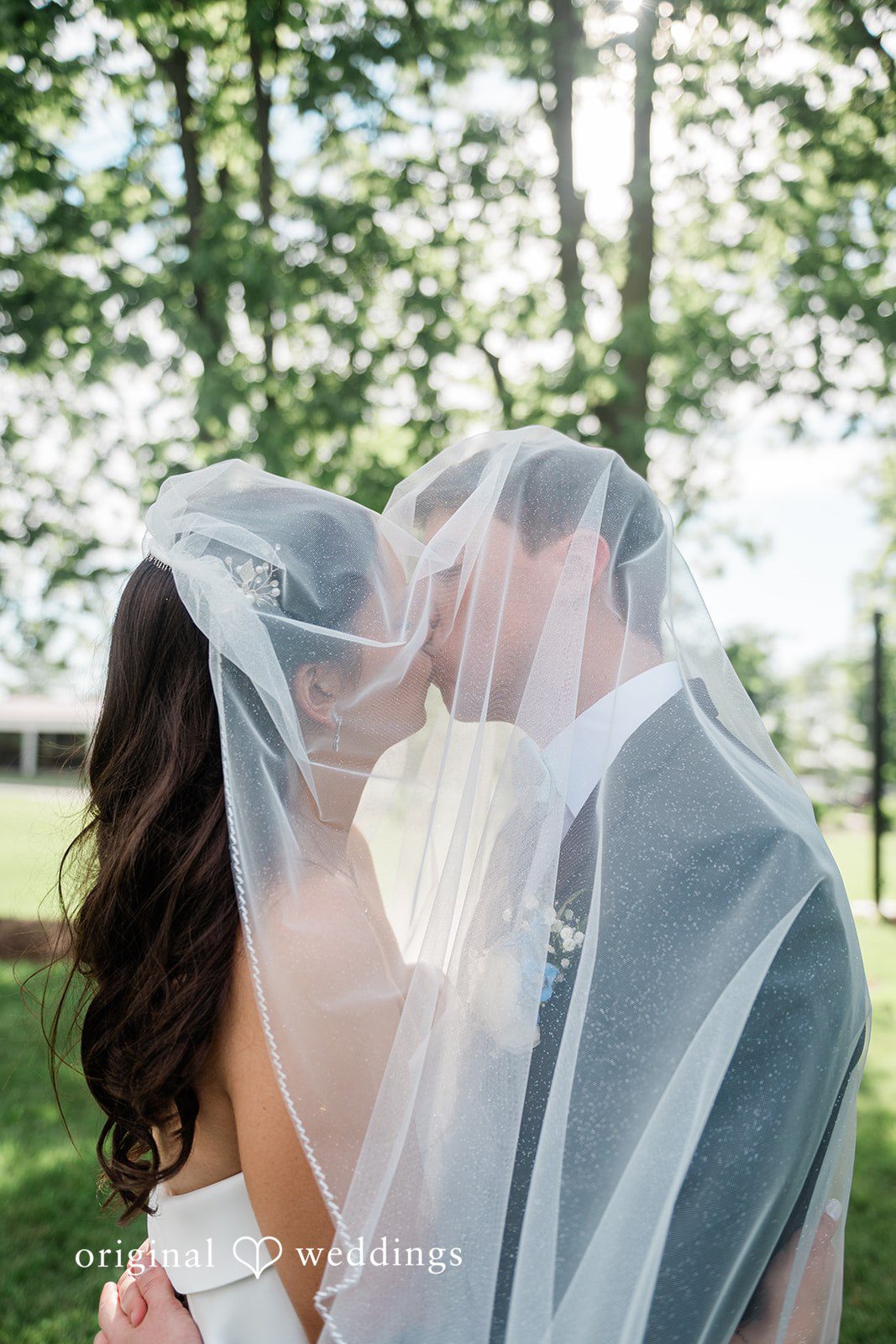 Paige + Stephen A close-up shot of a bride and groom kissing beneath a flowing white veil.