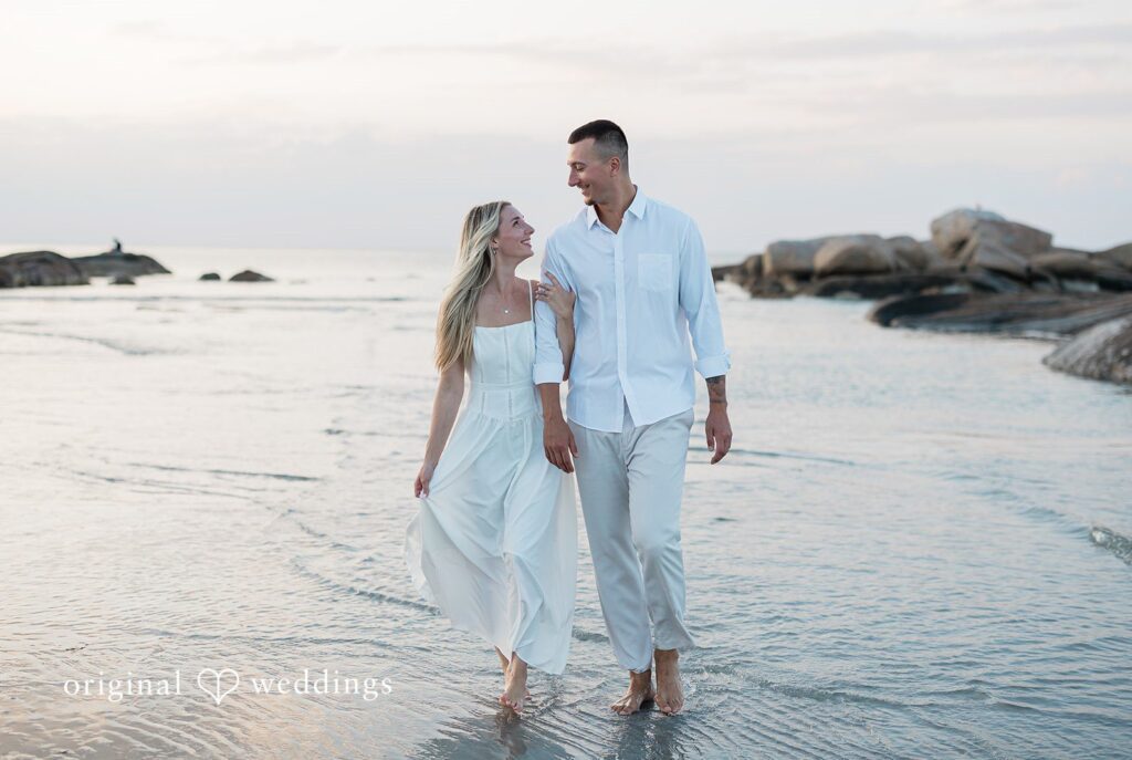 Stunning portrait of couple at Wingaersheek Beach by Boston Engagement Photographers from Original Weddings.