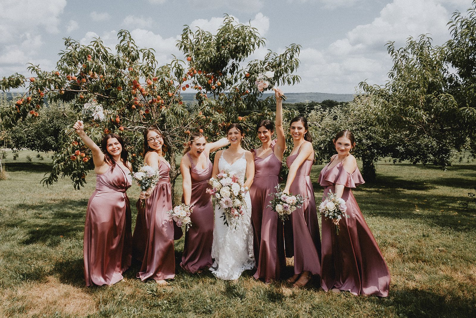 Bride and bridesmaids lined up in mauve gowns Bride and bridesmaids lined up in mauve gowns