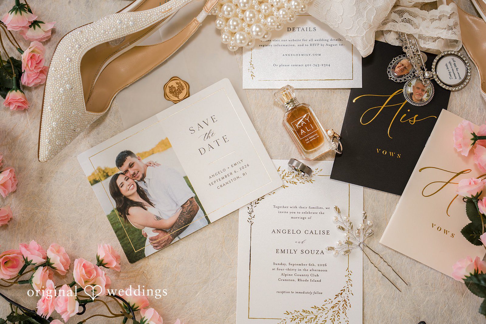 Emily + Angelo Flat-lay arrangement of wedding stationery, photographs, and floral details.