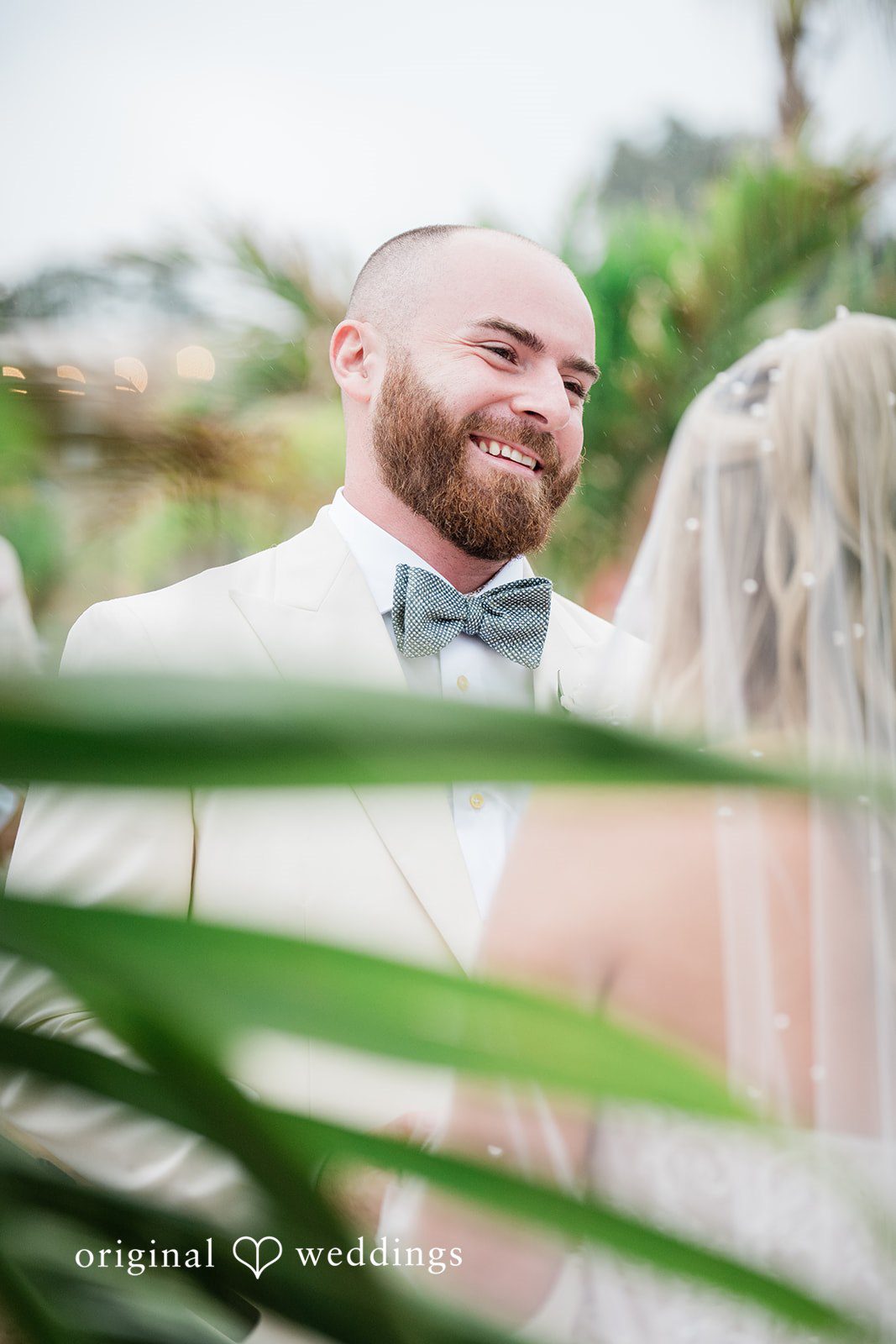 Jackie + Will Groom portrait framed by palm leaves